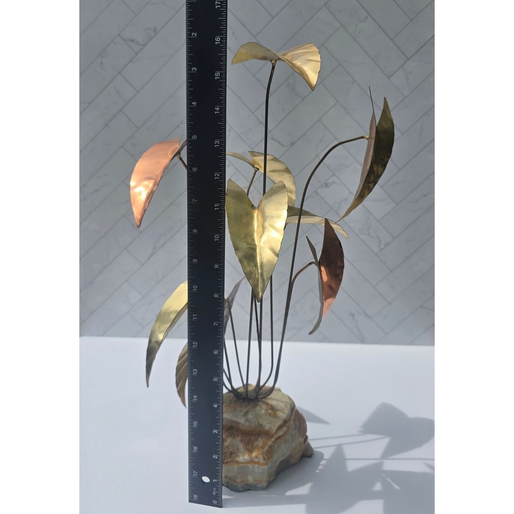 Vintage MCM Brutalist Brass Copper Leaf Sculpture Onyx Stone Base Signed 17" - Picture 4 of 5